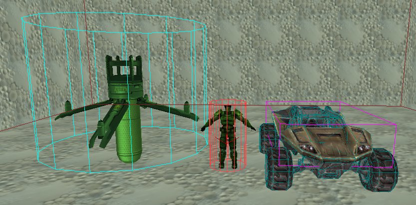 Collision shapes of SPMA camera (bright cyan), player model (red) and Scorpion (pink); original size and having the same distance to the viewer